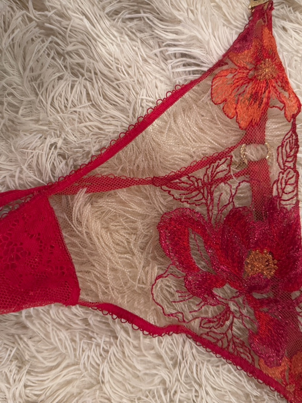 Honey Birdette Christine 38D Red Sheer Floral Embroidered Bra & Thong - Picture 2 of 4
